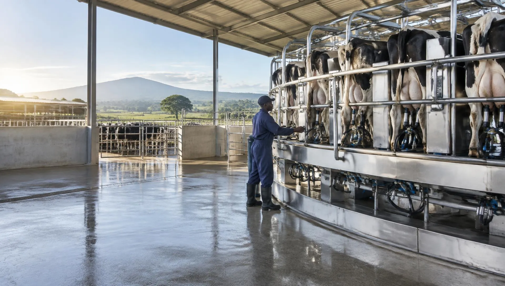 Modern rotary milking parlour operating on an East African dairy farm